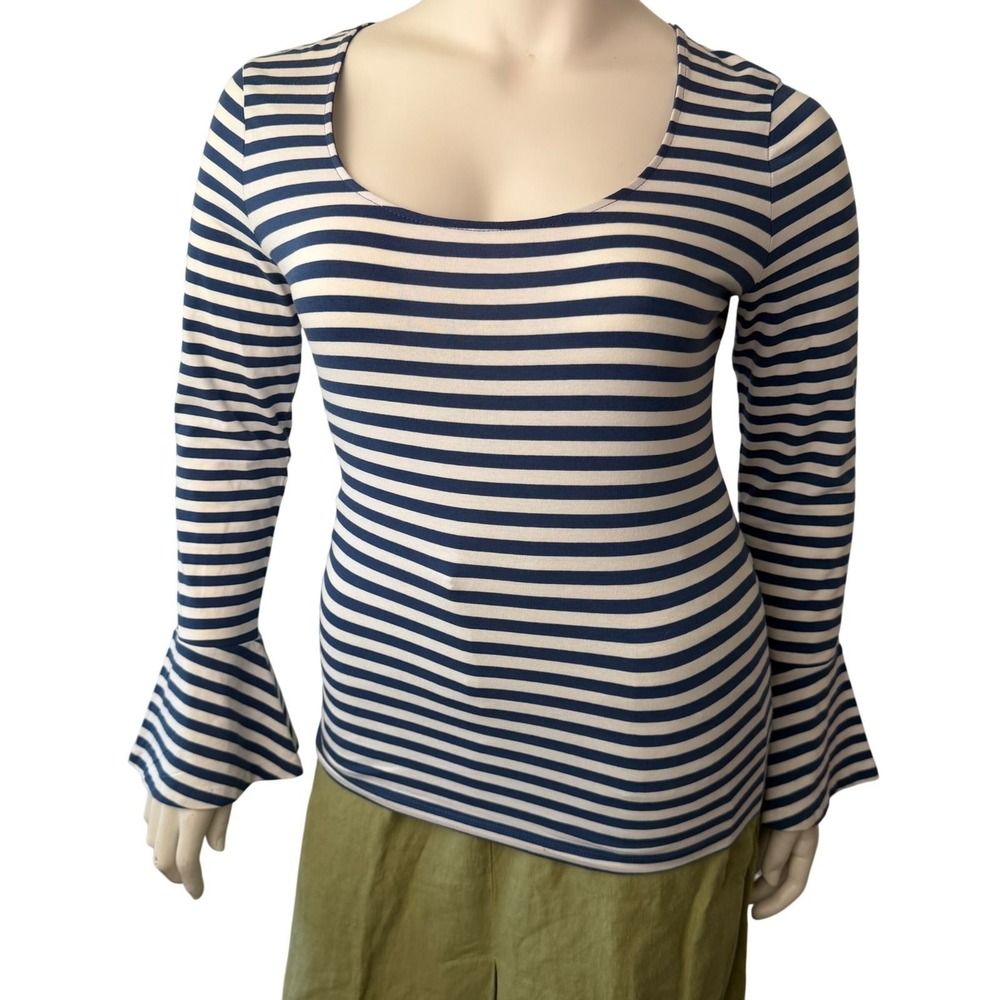 Chaps Top Bell Sleeve Striped Navy Blue White Nautical Coastal Preppy Classic L